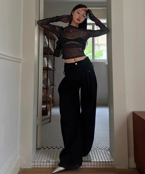 i-dare(アイディア)の「【i-dare】ドット 水玉 シースルー シアー メッシュ トップス(Tシャツ/カットソー・レディース・ブラック・FREE)」の3枚目の写真