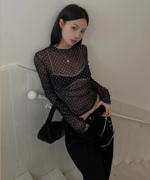 i-dare(アイディア)の「【i-dare】ドット 水玉 シースルー シアー メッシュ トップス(Tシャツ/カットソー・レディース・ブラック・FREE)」の4枚目の写真