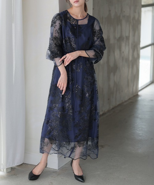 HUG.U(ハグユー)の「袖あり。ボレロ・ネックレス要らずな『結婚式ワンピ』(ワンピース・レディース・ネイビー/ラベンダー/ライトベージュ/ブラック/ベージュ系その他/ネイビー系/ブラック系1/パープル系1・M/L/XL)」の6枚目の写真