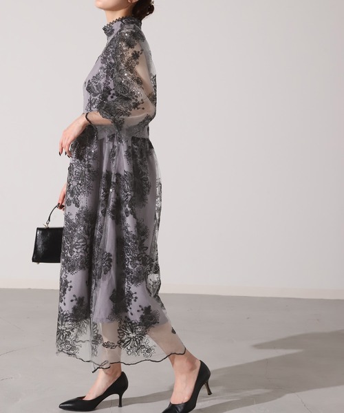 HUG.U パーティードレス シャイニーグレー・ブラック　XL セール】袖あり。ボレロ・ネックレス要らずな『結婚式ワンピ