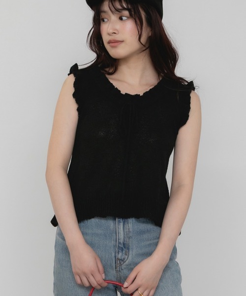 新色追加】リボンフリルノースリーブニットトップス / リボンニット