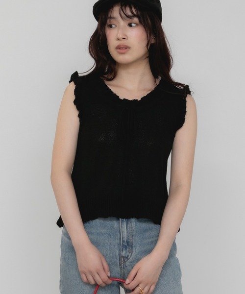 セール】【新色追加】リボンフリルノースリーブニットトップス