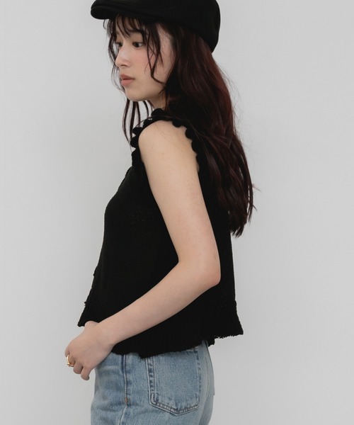 セール】【新色追加】リボンフリルノースリーブニットトップス