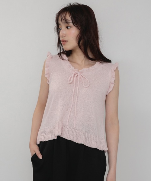 セール】【新色追加】リボンフリルノースリーブニットトップス