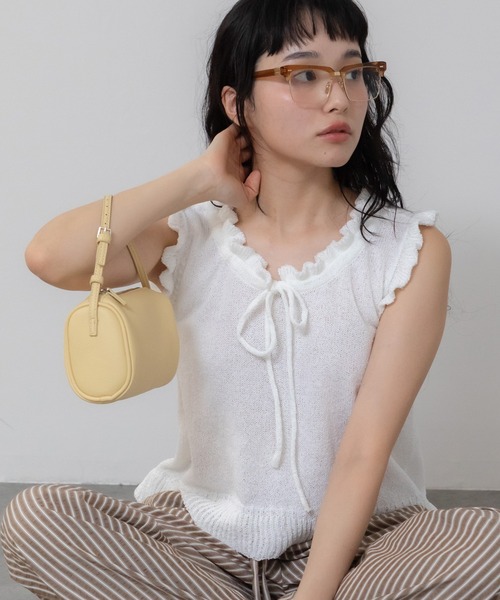 セール】【新色追加】リボンフリルノースリーブニットトップス