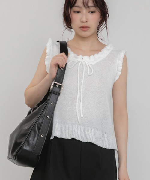 セール】【新色追加】リボンフリルノースリーブニットトップス