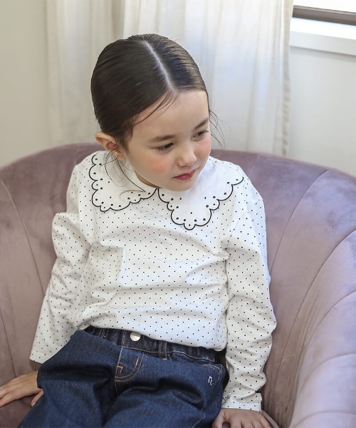 n.o.u.s(ノウズ)の「n.o.u.s スカラップ衿長袖Tシャツ(Tシャツ/カットソー・キッズ・オフホワイト/チャコールグレー・110cm/100cm/90cm/80cm/140cm/130cm/120cm)」の1枚目の写真