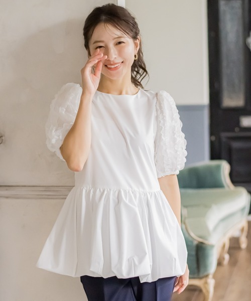 QUEENS COURT（クイーンズコート）の「袖チュールバルーンチュニック≪洗濯機で洗える≫（チュニック・レディース・ホワイト/グリーン/ブラック・M）」の2枚目の写真