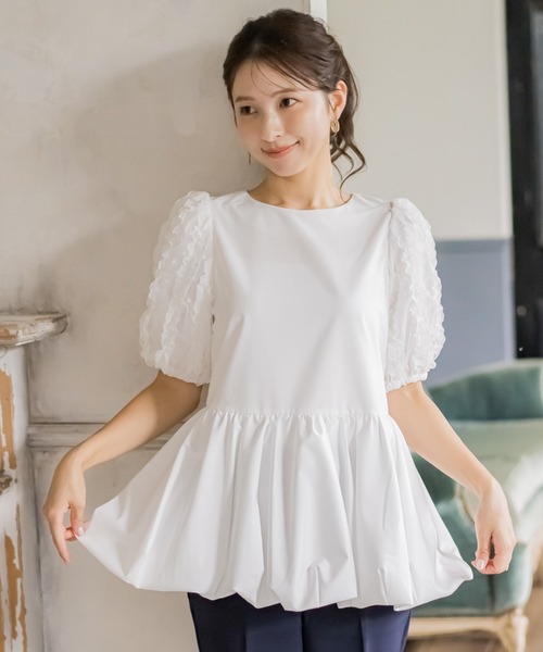 QUEENS COURT（クイーンズコート）の「袖チュールバルーンチュニック≪洗濯機で洗える≫（チュニック・レディース・ホワイト/グリーン/ブラック・M）」の5枚目の写真