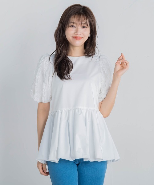 QUEENS COURT（クイーンズコート）の「袖チュールバルーンチュニック≪洗濯機で洗える≫（チュニック・レディース・ホワイト/グリーン/ブラック・M）」の8枚目の写真