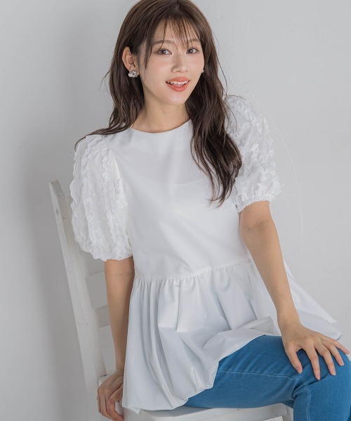 QUEENS COURT（クイーンズコート）の「袖チュールバルーンチュニック≪洗濯機で洗える≫（チュニック・レディース・ホワイト/グリーン/ブラック・M）」の11枚目の写真