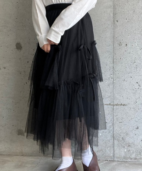 merrylatte（メリーラテ）の「【低身長用サイズ】サイドリボンロングスカート（スカート・レディース・ブラック/アイボリー・X-LARGE/SMALL/LARGE/FREE）」の2枚目の写真