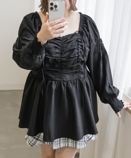 CLETTE(クレット)の「リボン使いスクエアネックブラウス(シャツ/ブラウス・レディース・ピンク/アイボリー/ブルーグレー/ブラック・LL/3L/4L)」の2枚目の写真