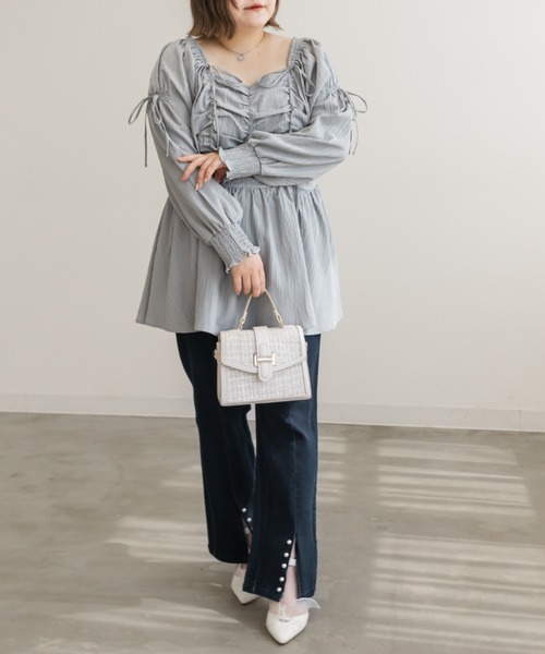 CLETTE(クレット)の「リボン使いスクエアネックブラウス(シャツ/ブラウス・レディース・ピンク/アイボリー/ブルーグレー/ブラック・LL/3L/4L)」の14枚目の写真