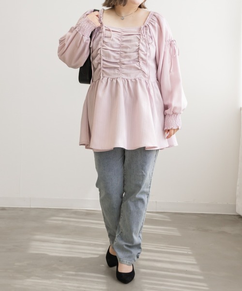 CLETTE(クレット)の「リボン使いスクエアネックブラウス(シャツ/ブラウス・レディース・ピンク/アイボリー/ブルーグレー/ブラック・LL/3L/4L)」の18枚目の写真