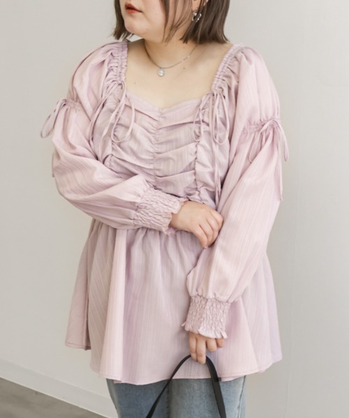 CLETTE(クレット)の「リボン使いスクエアネックブラウス(シャツ/ブラウス・レディース・ピンク/アイボリー/ブルーグレー/ブラック・LL/3L/4L)」の16枚目の写真