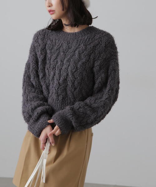 FREE'S MART（フリーズマート）の「◆シャギーケーブルニット（ニット/セーター・レディース・レッド/ホワイト/グレー・FREE）」の5枚目の写真