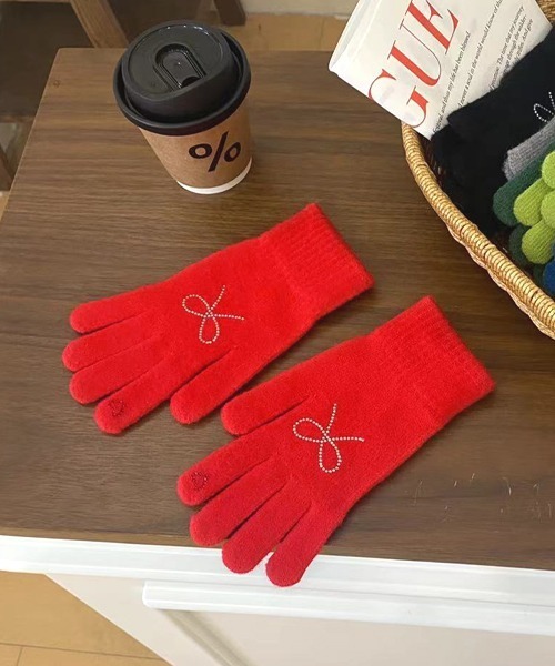 セール】【resonance】リボン ラインストーン ハイゲージニット 手袋