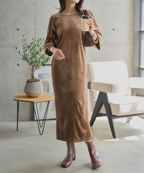 セール】パフスリーブベロアロングワンピース（ワンピース）｜KOBE