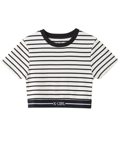 X-girl（エックスガール）の「LOGO AND STRIPE CROPPED S/S TOP（Tシャツ/カットソー・レディース・ホワイト/ブラック/マルチ・S/M）」の5枚目の写真