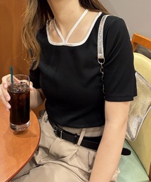 ホルターネック配色リブTシャツ