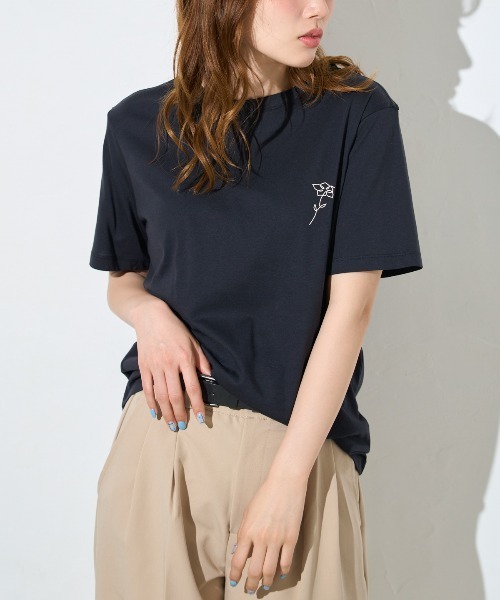 フラワーワンポイント 半袖サイロTシャツ/コットンTシャツ