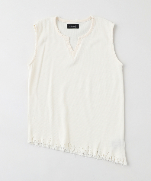 トップス Lamrof Boro Slanted Sleeveless - white LAMROF / ラムロフ】BORO SLANTED SLEEVELESS