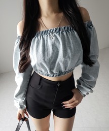 【 2color 】ヴィンテージデニムギャザーオフショルトップス / vintage denim gathered off shoulder topS
