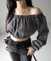 【 2color 】ヴィンテージデニムギャザーオフショルトップス / vintage denim gathered off shoulder topS