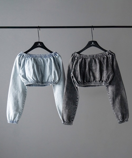 me+em select(ミームセレクト)の「【 2color 】ヴィンテージデニムギャザーオフショルトップス / vintage denim gathered off shoulder topS(その他トップス・レディース・ブルー/ブラック・FREE)」の3枚目の写真