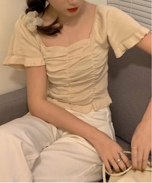 &soiree(アンドソワレ)の「【&soiree】スクエアネック半袖ニットトップス(その他トップス・レディース・ブラック/ベージュ/グリーン系その他・MEDIUM)」の2枚目の写真