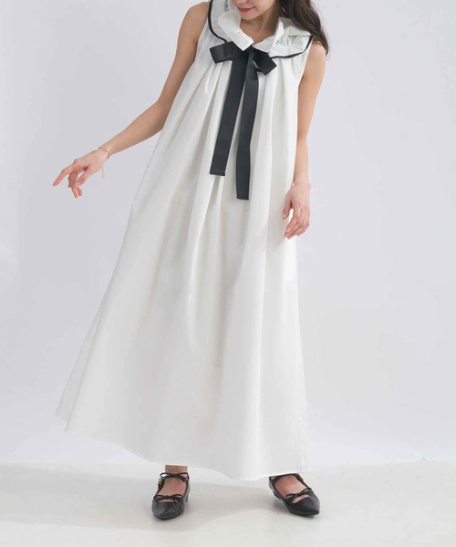 PICCIN PERLA(ピッチンペルラ)の「リボンタイフリルノースリーブワンピース(ワンピース・レディース・ブラック/オフホワイト・M)」の12枚目の写真