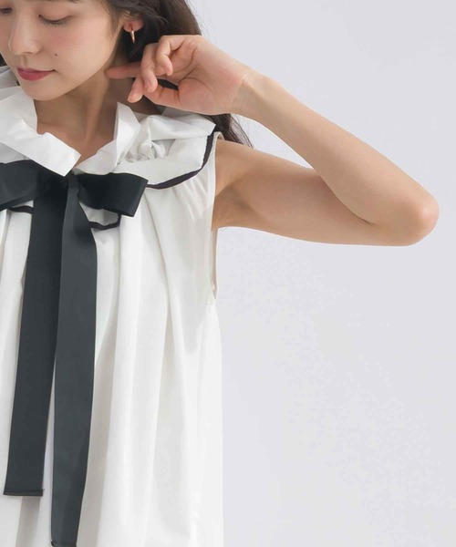 PICCIN PERLA(ピッチンペルラ)の「リボンタイフリルノースリーブワンピース(ワンピース・レディース・ブラック/オフホワイト・M)」の8枚目の写真