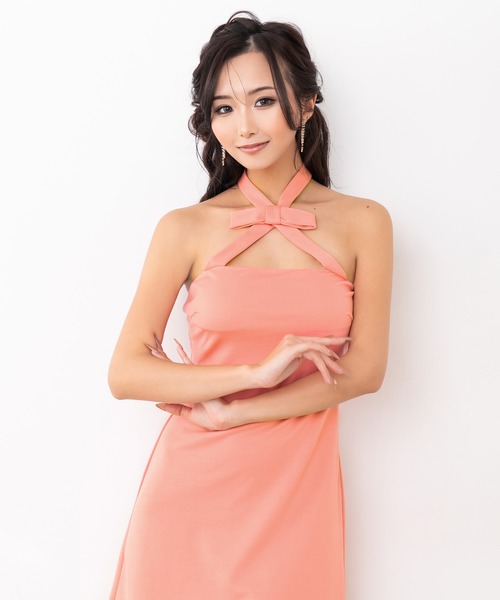 myMinette（マイミネット）の「[CLOSED] キャバドレス ミニ タイト ノースリーブ シンプルワンカラーホルターネックリボンドレス（ドレス・レディース・ブラック/サーモンピンク/ネイビー/パープル・LARGE/MEDIUM/SMALL/X-LARGE/XX-LARGE）」の4枚目の写真