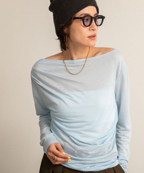 NOLLEY’S（ノーリーズ）の「【MAQWEL/マクウェル】ソフトタッチスラブロンT（Tシャツ/カットソー・レディース・ブラック/ダークブラウン/サックスブルー・FREE）」の3枚目の写真