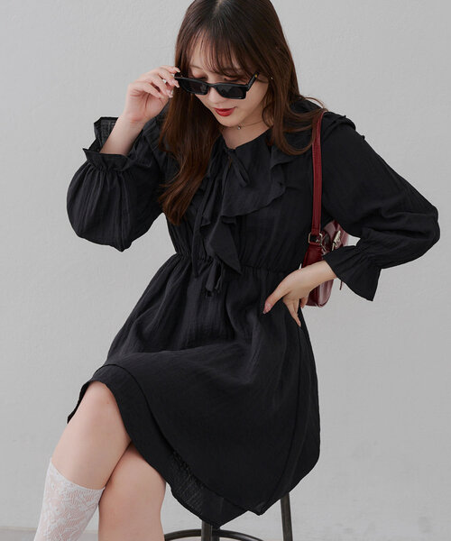 7月値上げします【Black collection】フリルミニワンピース Amazon.co.jp: ワンピース ミニ M 黒 フリル オフショルダー 不