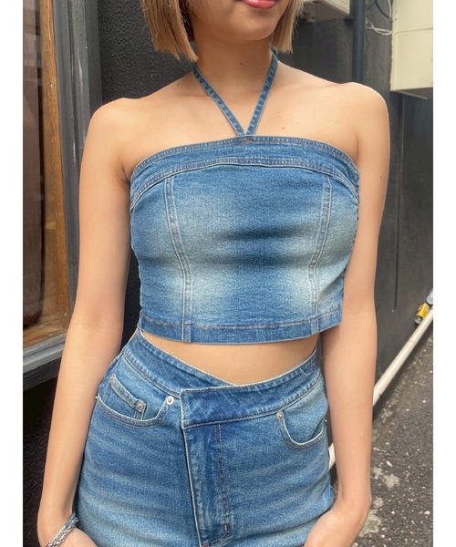EVRIS(エヴリス)の「ホルターネックデニムビスチェ(キャミソール・レディース・ブラック/インディゴブルー・FREE)」の15枚目の写真