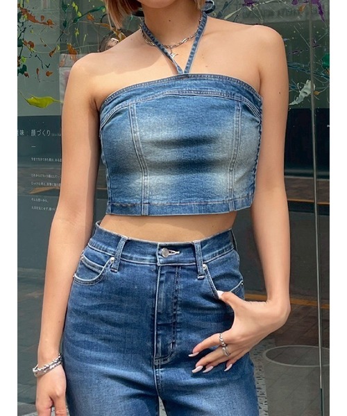 EVRIS(エヴリス)の「ホルターネックデニムビスチェ(キャミソール・レディース・ブラック/インディゴブルー・FREE)」の8枚目の写真