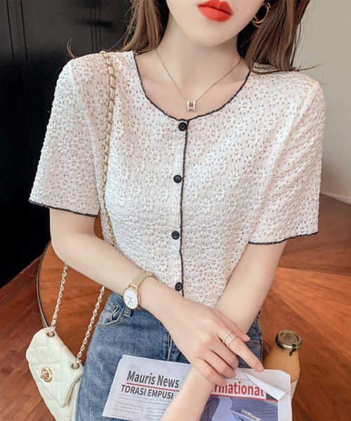 Lace Ladies(レースレディース)の「透かし編み 花柄 パイピング 半袖 トップス(Tシャツ/カットソー・レディース・ホワイト/ブラック/アイボリー・FREE)」の14枚目の写真