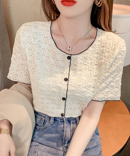 Lace Ladies(レースレディース)の「透かし編み 花柄 パイピング 半袖 トップス(Tシャツ/カットソー・レディース・ホワイト/ブラック/アイボリー・FREE)」の12枚目の写真