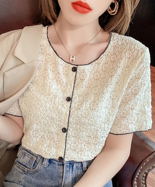 Lace Ladies(レースレディース)の「透かし編み 花柄 パイピング 半袖 トップス(Tシャツ/カットソー・レディース・ホワイト/ブラック/アイボリー・FREE)」の11枚目の写真