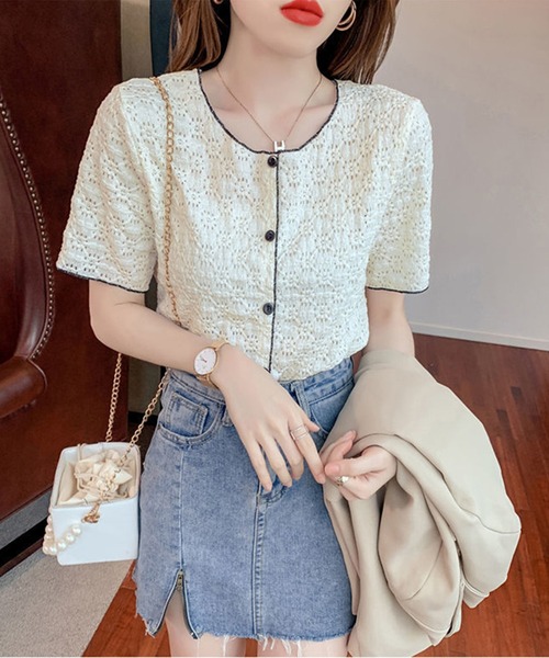 Lace Ladies(レースレディース)の「透かし編み 花柄 パイピング 半袖 トップス(Tシャツ/カットソー・レディース・ホワイト/ブラック/アイボリー・FREE)」の10枚目の写真