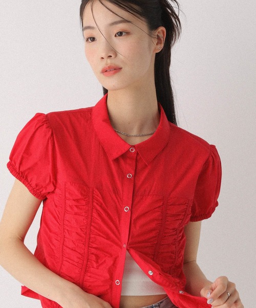 Heather(ヘザー)の「ギャザーナイロン半袖シャツ 497264(シャツ/ブラウス・レディース・ブラック/レッド/オフホワイト・FREE)」の1枚目の写真