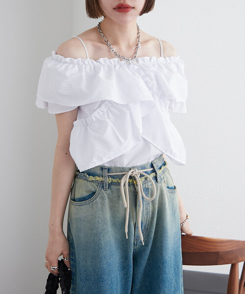 w closet(ダブルクローゼット)の「ギンガムカシュクールブラウス(シャツ/ブラウス・レディース・レッド/オフホワイト/ブラック・FREE)」の4枚目の写真