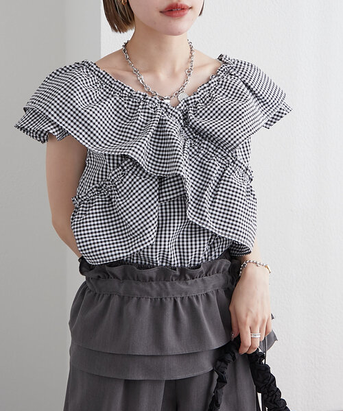 w closet(ダブルクローゼット)の「ギンガムカシュクールブラウス(シャツ/ブラウス・レディース・レッド/オフホワイト/ブラック・FREE)」の19枚目の写真