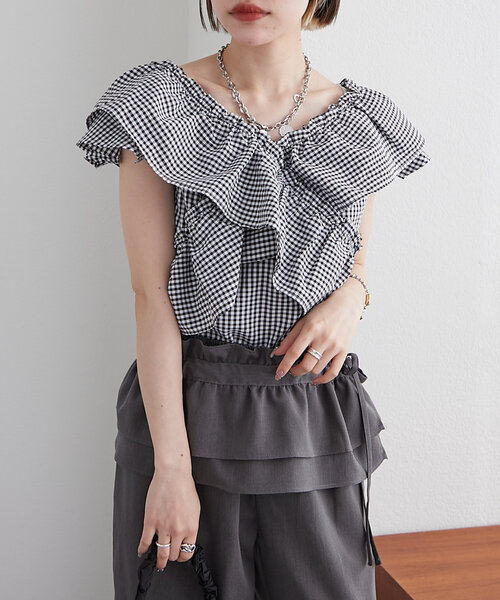 w closet(ダブルクローゼット)の「ギンガムカシュクールブラウス(シャツ/ブラウス・レディース・レッド/オフホワイト/ブラック・FREE)」の20枚目の写真