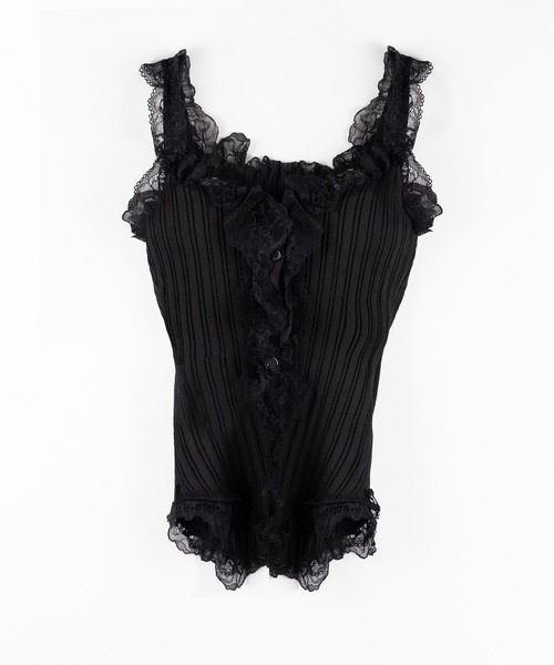 me+em select(ミームセレクト)の「【 2color 】レースフリルドッキングリブニットキャミタンク / lace frill docking lib knit cami tank(タンクトップ・レディース・ブラック/ホワイト・FREE)」の5枚目の写真