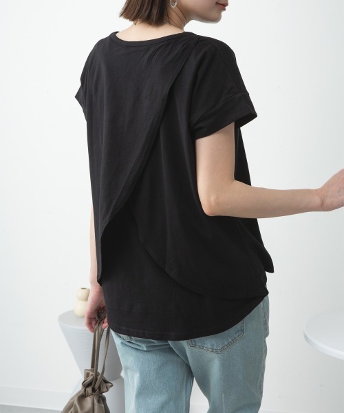 RCD(アールシーディー)の「バックダブル半袖プルオーバー(Tシャツ/カットソー・レディース・ホワイト/ブラック/ライトブラウン/ピンクベージュ・M-L/LL~3L/4L~5L)」の1枚目の写真