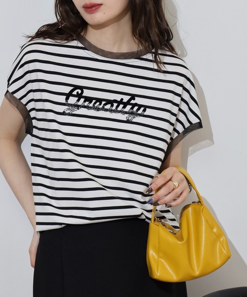 EGLANTINE（エグランティーヌ）の「EGLANTINE ビーズロゴ フレンチスリーブカットソー（Tシャツ/カットソー・レディース・ネイビー×ホワイト/ホワイト×ブラック/ブラック/オフホワイト/シルバーグレー・40）」の3枚目の写真