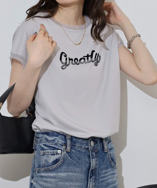 EGLANTINE（エグランティーヌ）の「EGLANTINE ビーズロゴ フレンチスリーブカットソー（Tシャツ/カットソー・レディース・ネイビー×ホワイト/ホワイト×ブラック/ブラック/オフホワイト/シルバーグレー・40）」の5枚目の写真